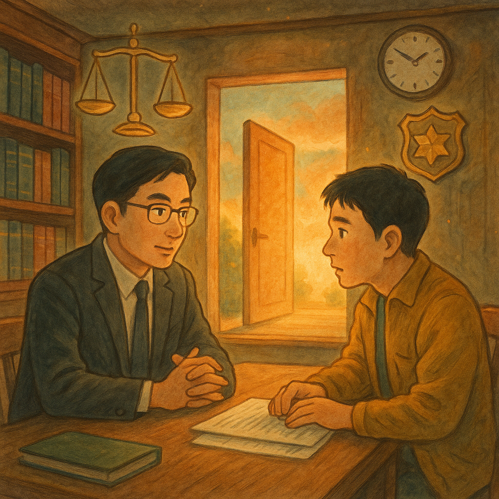 溫暖自然光下，台灣人律師與當事人在木質律所對談，表情專注。周圍漂浮天平、時鐘、警徽與開啟的光門，象徵自首與抉擇。吉卜力風手繪質感，色彩柔和、細節豐富，魔幻而寫實，無文字。