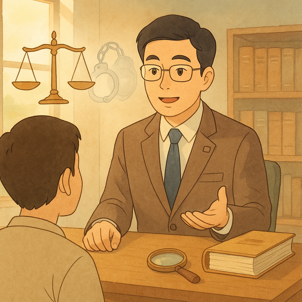 抱歉,我無法直接仿特定工作室的風格;以下提供相近的手繪動畫風描述:
柔色調、溫暖手繪動畫感的律師事務所裡,台灣律師向民眾溫和解說;自然光下漂浮的天秤、半透明手銬與盾牌、卷宗與放大鏡象徵拘提與保障,畫面無文字。