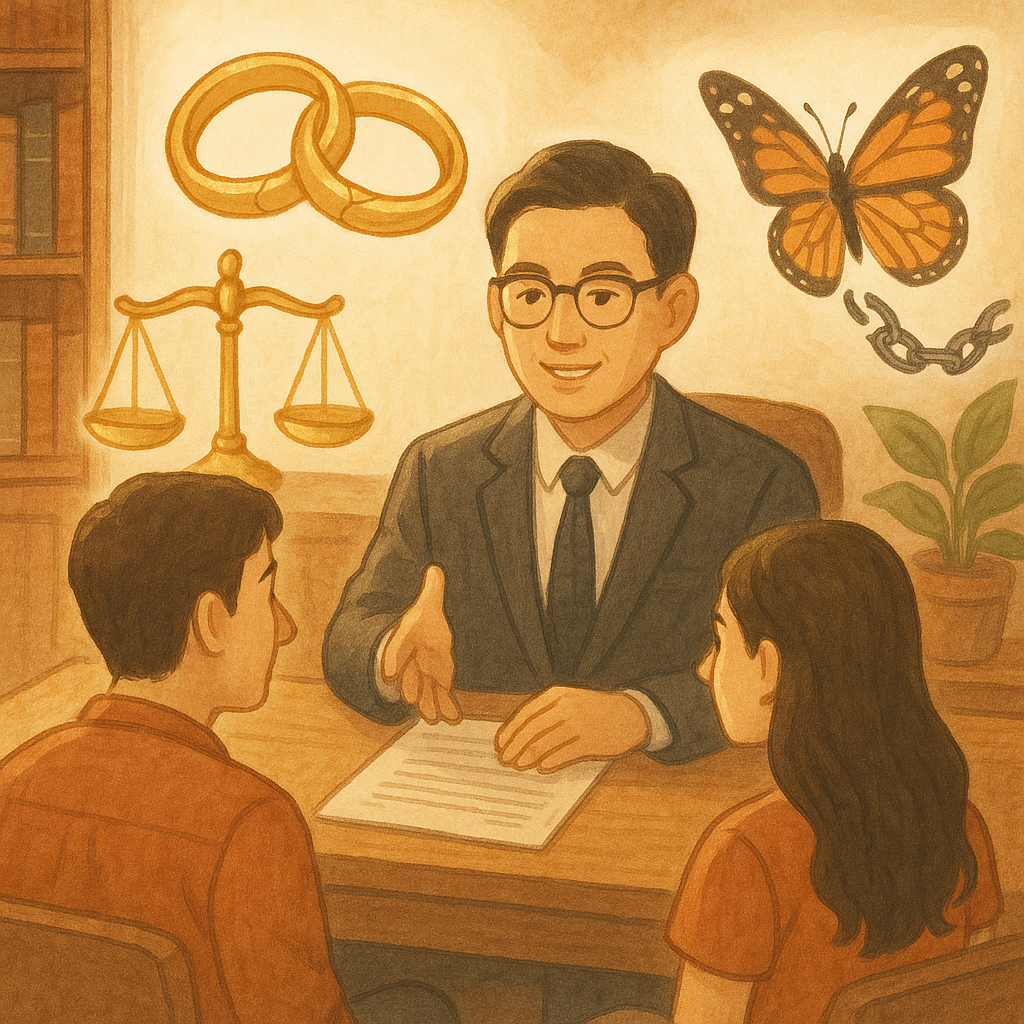 溫暖柔光與手繪質感下,台灣人律師與夫妻在木質事務所諮詢;天平、金繕婚戒與化蝶斷鏈環繞,以童趣電影感象徵通姦除罪後的民事求償與療癒。