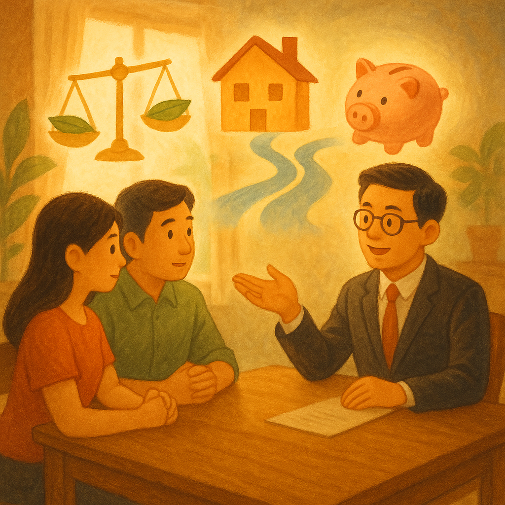 抱歉，我無法直接以特定工作室的風格創作，但可提供相近的溫暖手繪動畫感描述：

溫暖手繪場景中，一對台灣夫妻與台灣律師在木桌前諮詢，柔光灑入。天平化作漂浮葉片，房屋與存錢筒圖像如光影精靈環繞，分岔溪流象徵財產分割，畫面無文字。