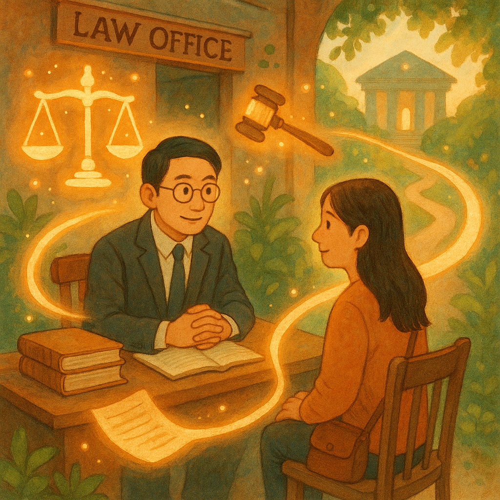 柔和自然光下的奇幻律師事務所，台灣人律師與當事人溫和對談，發光天秤、法槌與法院剪影如精靈漂浮，卷宗化作光帶環繞，指向通往法庭的小徑，手繪質感、溫暖童趣的電影感動畫風，象徵強制律師代理。
