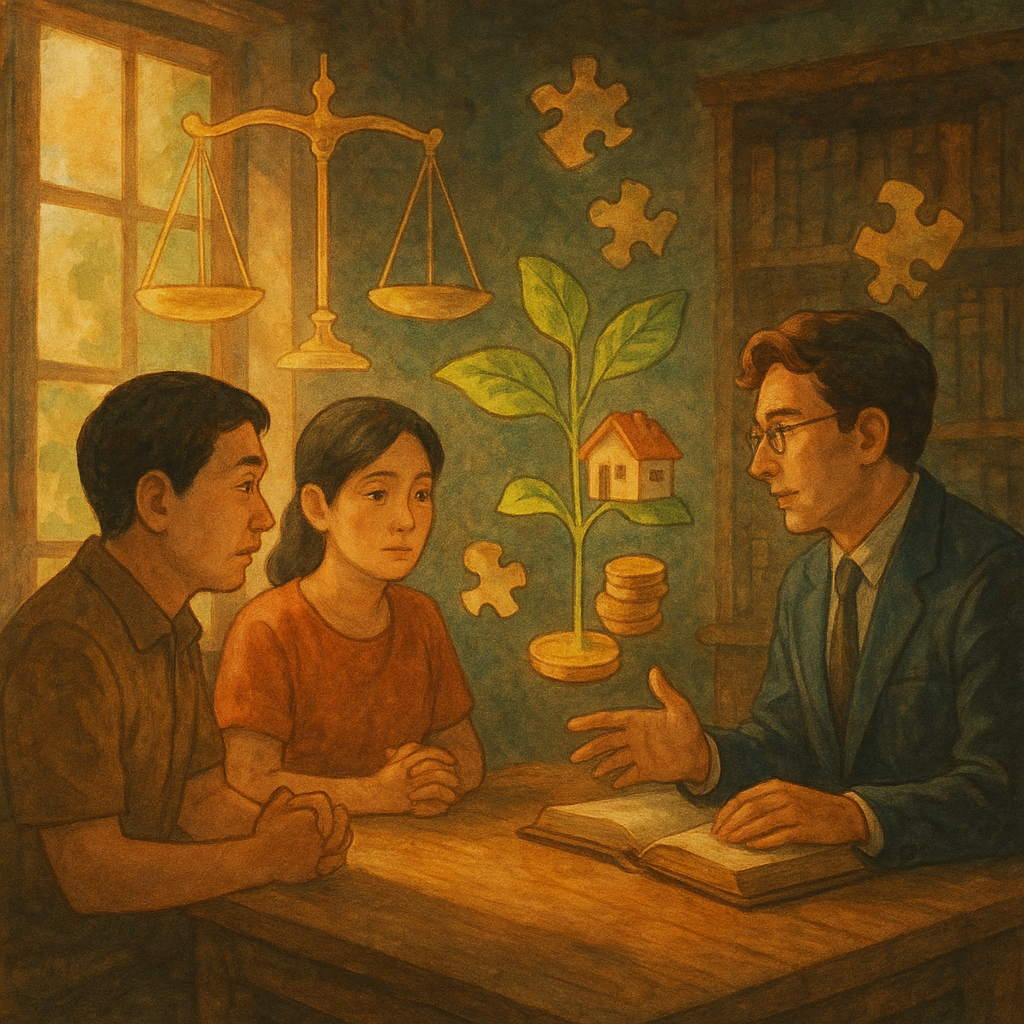 抱歉,我無法直接使用特定工作室的風格;以下提供通用奇幻手繪動畫風格的圖片描述:
溫暖手繪、電影感插畫:陽光灑入木質事務所,台灣夫妻與專業律師圍桌相談;半透明天秤、房屋與金幣化為樹苗、拼圖碎片環繞,象徵剩餘財產分配、案例爭點與風險評估,氛圍奇幻沉靜,畫面無文字。