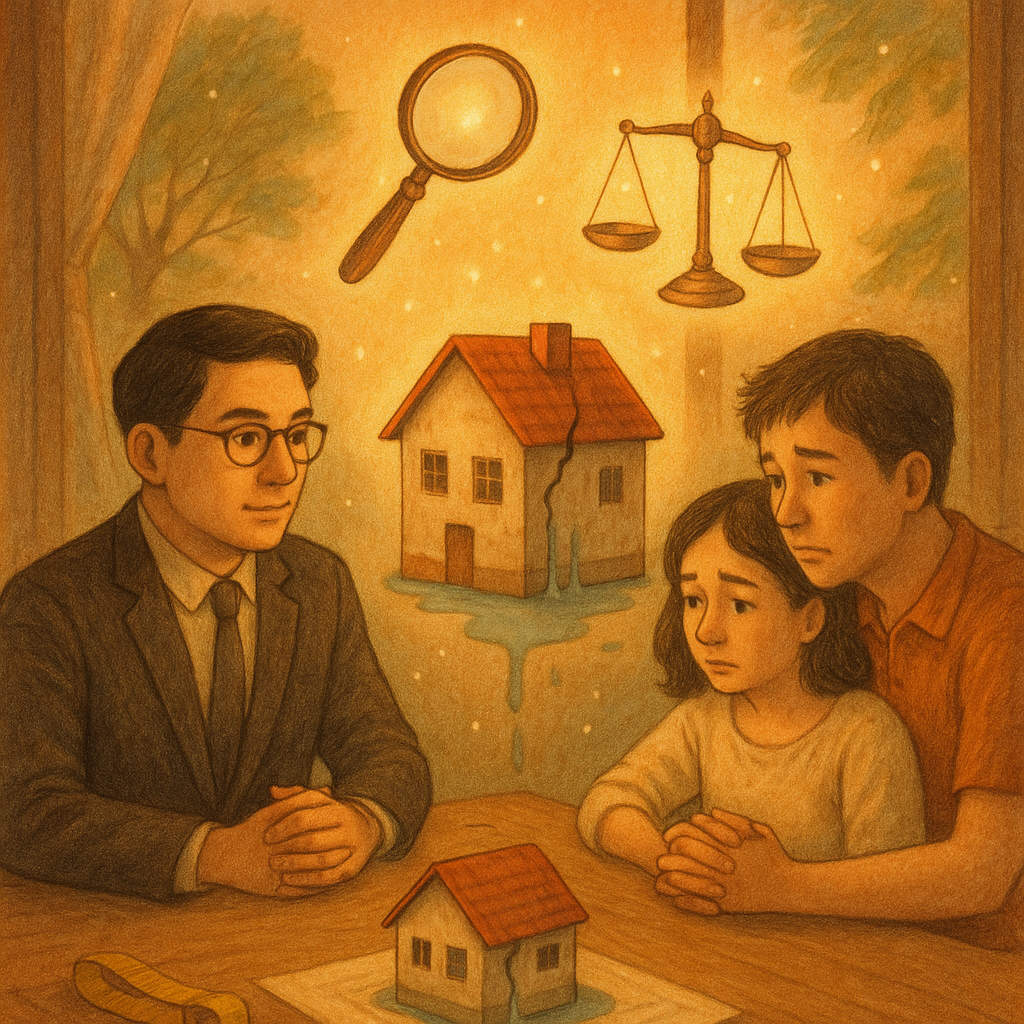 抱歉,我無法直接使用特定工作室的風格;以下為相近氛圍的描述:
黃昏微光下,台灣律師與屋主夫妻圍坐木桌,暖色手繪場景。縮小的房屋模型現出裂縫與滲水,旁漂浮放大鏡、卷尺與天平,化作柔光指引行動建議;窗外綠蔭與細塵飄舞,童話般寫實。