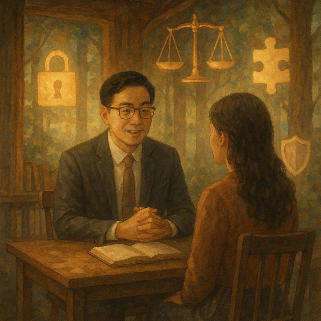 抱歉，我無法直接套用特定工作室風格；以下提供相近氛圍的描述：

高解析度、溫柔色調、自然光與手繪質感的電影感奇幻場景：台灣律師與當事人於暖光林間小書屋對談，周圍漂浮鎖與天秤、盾牌與拼圖光影，象徵性自主與法律諮詢；畫面不含文字。