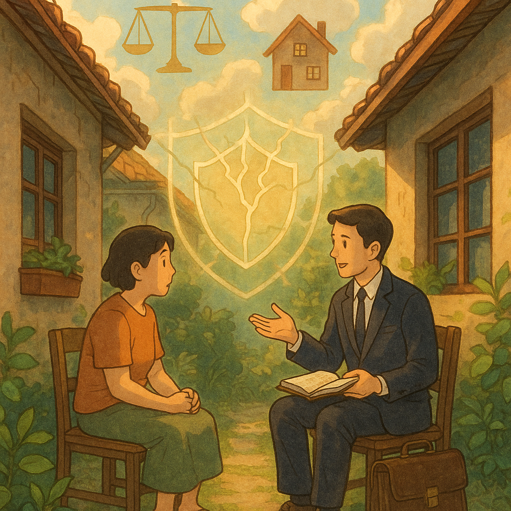吉卜力式溫暖奇幻場景：台灣住戶與專業律師在庭院諮詢，柔光灑落。兩側房屋間有細裂與保護結界圖像，天邊漂浮天秤、房屋、盾牌等象徵，手繪質感、無文字。