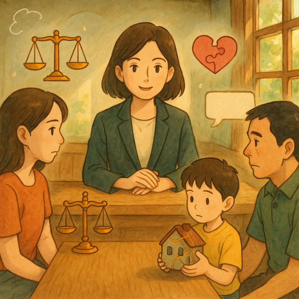 溫暖午後的吉卜力式手繪律師事務所裡，一位台灣女律師居中調解，兩位台灣父母分坐兩側，孩子抱著以金繼修補的小陶屋。柔和自然光灑入，木質紋理；天平、無字日曆、拼圖心與空白對話框等圖示輕盈環繞，奇幻而療癒。