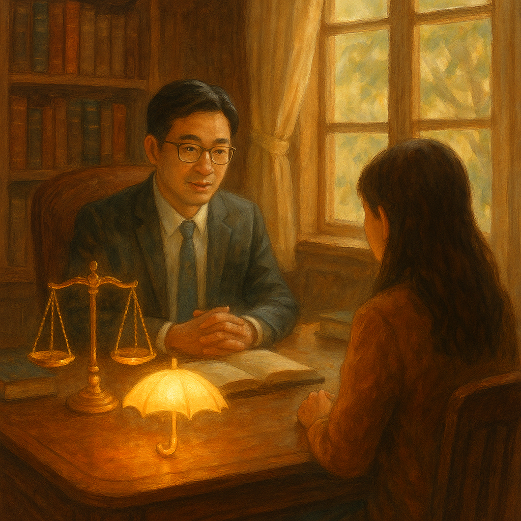 溫暖魔幻的手繪電影感場景,以柔和自然光:台灣人律師在木質書房溫柔傾聽當事人,桌上天秤與守護傘發光,窗外微風樹影;象徵強制性交案件的保護與正義,畫面無文字。