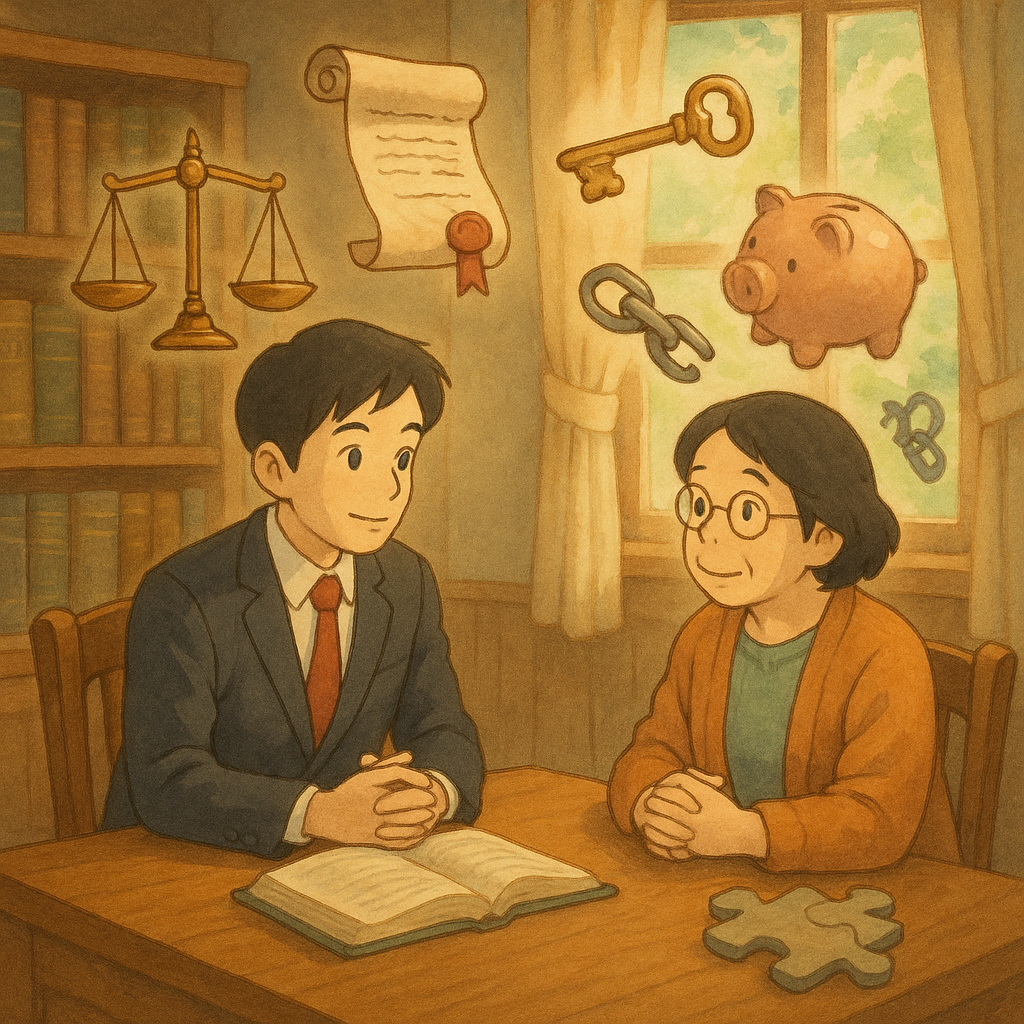 柔和自然光下，兩位台灣法律專業者在木質辦公室諮詢；周遭漂浮天秤、卷軸合約、鑰匙、存錢筒與解開的鎖鏈，象徵背信與案例拼圖。吉卜力風格手繪質感，溫暖魔幻、細膩沉浸，畫面無文字。