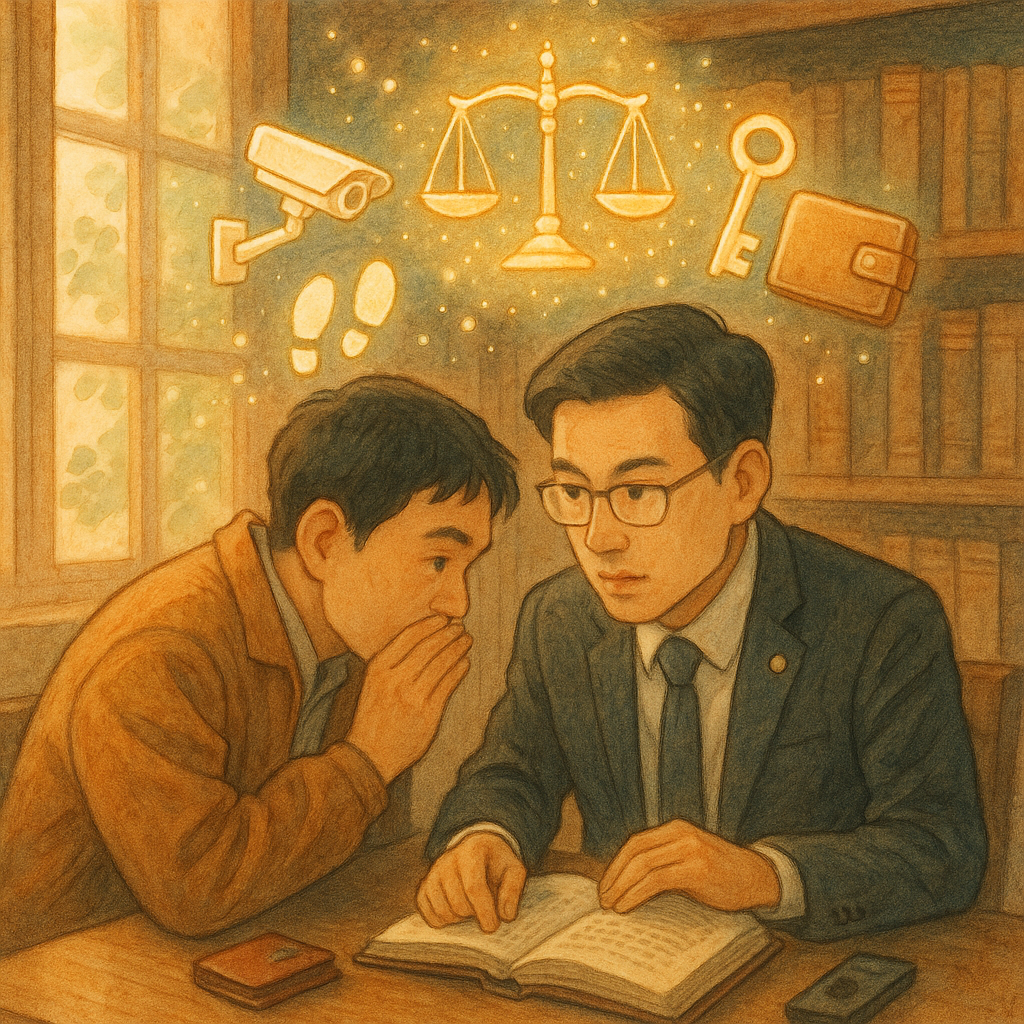 溫暖木質律師事務所內,台灣律師與當事人低語研討竊盜案;窗外柔光灑入、柔和色調與手繪質感。半透明天秤、鑰匙與錢包、監視器與腳印圖示在空中環繞成魔法光粒,營造吉卜力風奇幻與沈靜專業氛圍,畫面無文字。