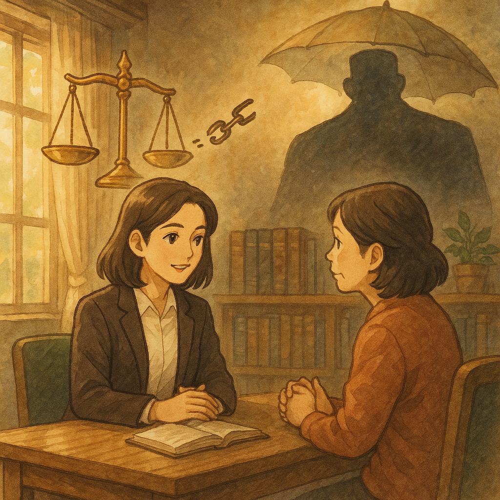 吉卜力風格的溫暖場景:台灣女律師與當事人於木桌相談,自然柔光灑落。金色天秤與斷裂鎖鏈在身旁漂浮,遠處權勢般的巨大陰影被光傘庇護;手繪紋理細膩,無文字。