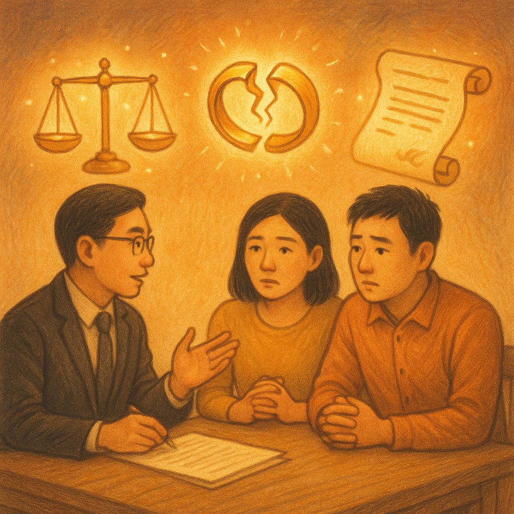 暖色自然光下,台灣律師與台灣夫妻在木桌諮商;手繪質感場景中,漂浮的天平、裂成兩半的婚戒與合約卷軸發光,象徵侵害配偶權的案例研究,氛圍奇幻而溫暖,畫面無文字。