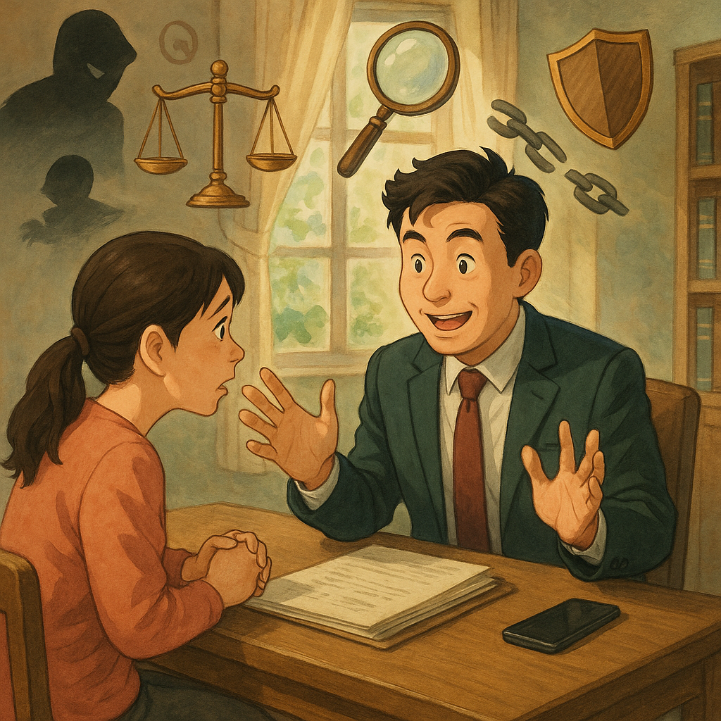 吉卜力風格的事務所內,自然光灑落,柔和色彩;台灣籍律師與民眾對坐諮詢,表情豐富,桌上有檔案與手機,畫面無文字。周圍漂浮天秤、放大鏡、盾牌與斷裂鏈條符號,詐騙車手剪影退散,手繪高解析質感,魔幻寫實。