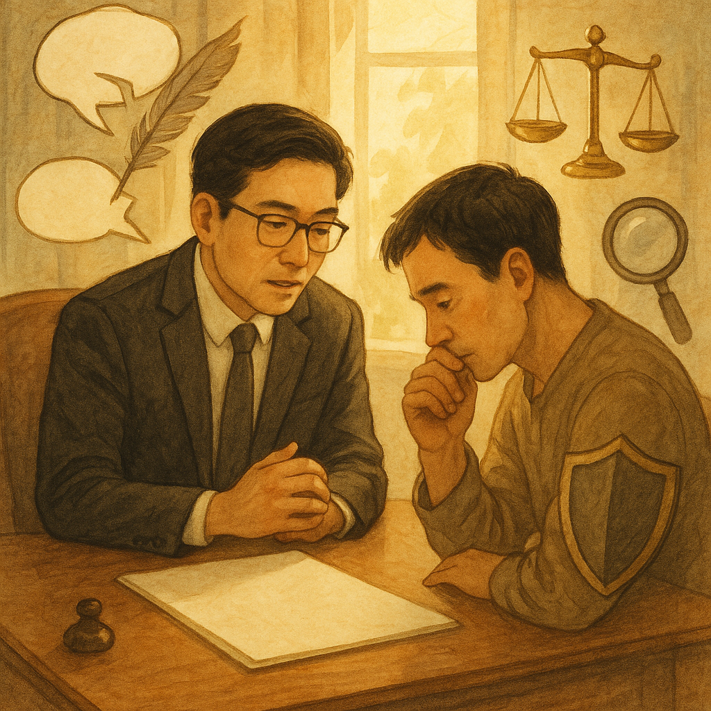 溫暖自然光下的手繪律師事務所,台灣律師與民眾表情細膩地低語諮詢;周圍漂浮破裂對話框、羽毛筆、天秤、盾牌與放大鏡象徵毀謗與求證;桌上空白卷宗無字,紙質紋理與柔和色調營造奇幻電影感。