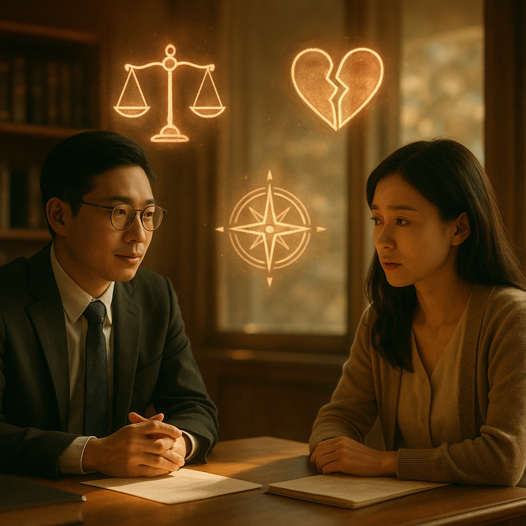 柔和自然光下，台灣律師與當事人於溫暖木質事務所對談，表情專注溫和；周圍漂浮手繪天秤、裂心、羅盤與日曆等符號，指引外遇求償的結論與行動；色調柔潤、電影感奇幻，無任何文字。