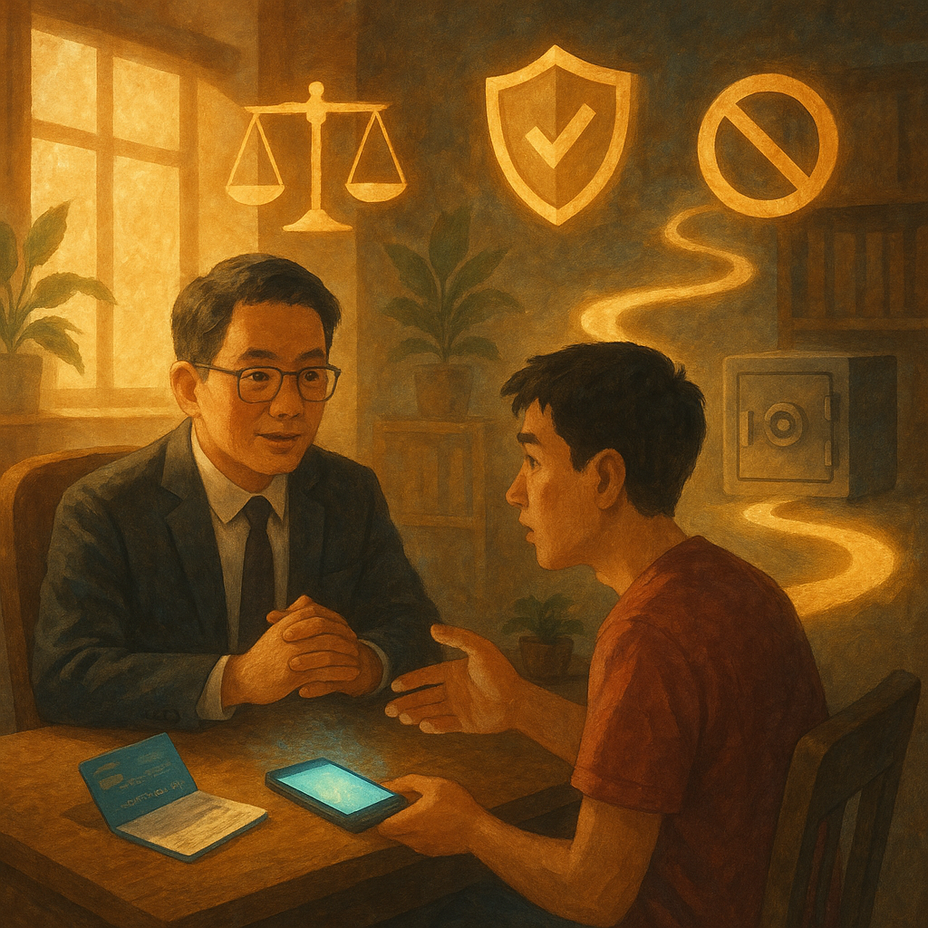 溫暖自然光的手繪辦公室裡,台灣律師與年輕民眾諮詢借賬戶風險;桌上銀行存摺與手機發光,空中漂浮天平、盾牌與禁止符號,發光步驟小徑通往保險箱,氛圍具電影感、奇幻而專業,畫面無文字。