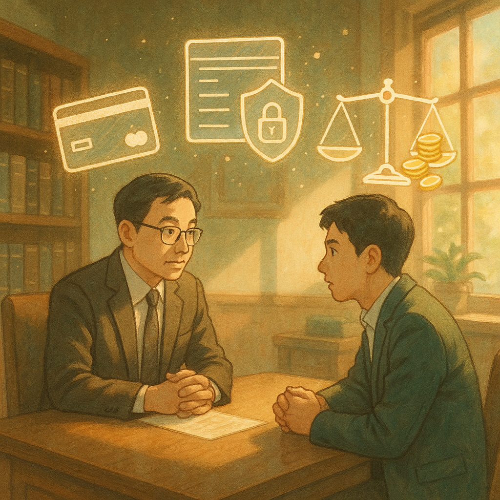 溫暖木質律所內,兩位台灣專業人士對坐諮詢;陽光灑落,空中浮現手繪符號:銀行卡、帳戶簿與上鎖盾牌、天秤與流動金幣,微型場景演繹借賬戶風險。吉卜力式柔色自然光與電影感構圖,夢幻光粒與柔筆觸增添敘事感。