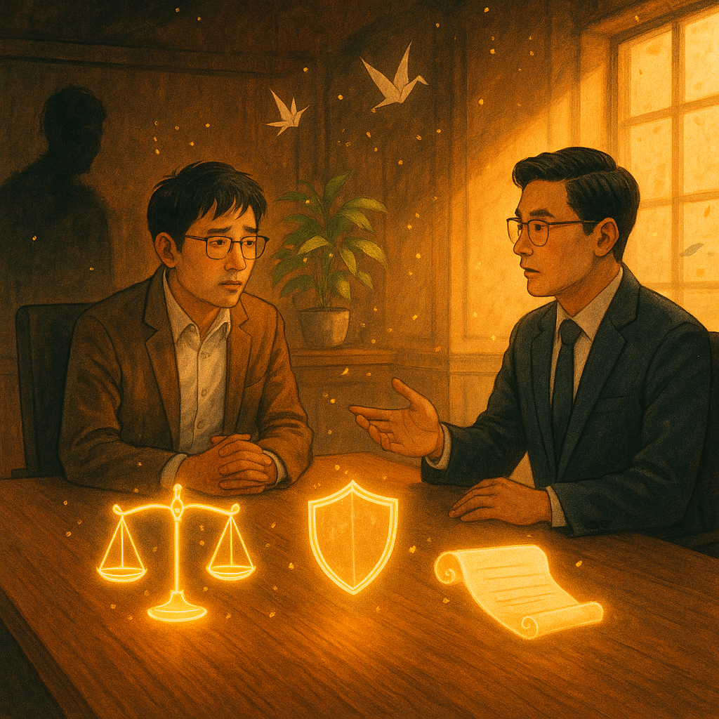 暖色日光灑入木質會議室，兩位台灣專業人士（職場受霸凌員工與律師）對談沉穩。桌面漂浮象徵：發光天秤、護盾、合約卷軸；角落黑霧人影漸退。盆栽微風、紙鶴與光粒環繞，呈現溫暖魔幻手繪動畫電影質感，畫面無文字。