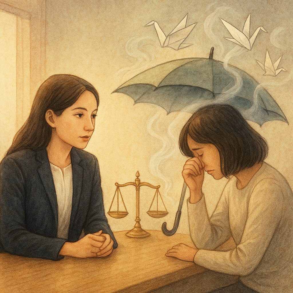 抱歉，我無法直接以特定工作室的風格創作；以下提供具相似氛圍的描述：
柔和自然光下，台灣女律師在溫暖會議室傾聽受虐上班族；天平、保護傘與淡霧耳語化作紙鶴飄散，手繪質感、奇幻而寫實，傳遞法律支持與療癒感，畫面無文字。