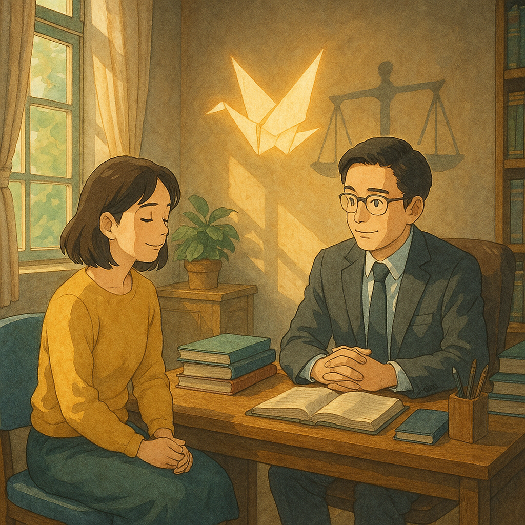 吉卜力風格高解析插畫:柔和自然光灑入溫暖辦公室,一位神情放鬆的台灣女職員與台灣男律師面對面諮詢。牆邊投射的職場霸凌陰影化作發光紙鶴與天秤,象徵保護與公義;手繪質感、細節豐富,無文字,氛圍魔幻而治癒。