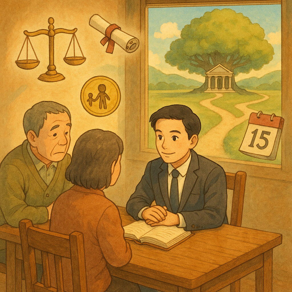 溫暖柔光的吉卜力風高解析插畫：台灣律師在木桌與父母諮詢，周圍漂浮天平、法卷、日曆與硬幣圖像化撫養費與判例；小徑分岔通往法院大樹，手繪質感、無文字。