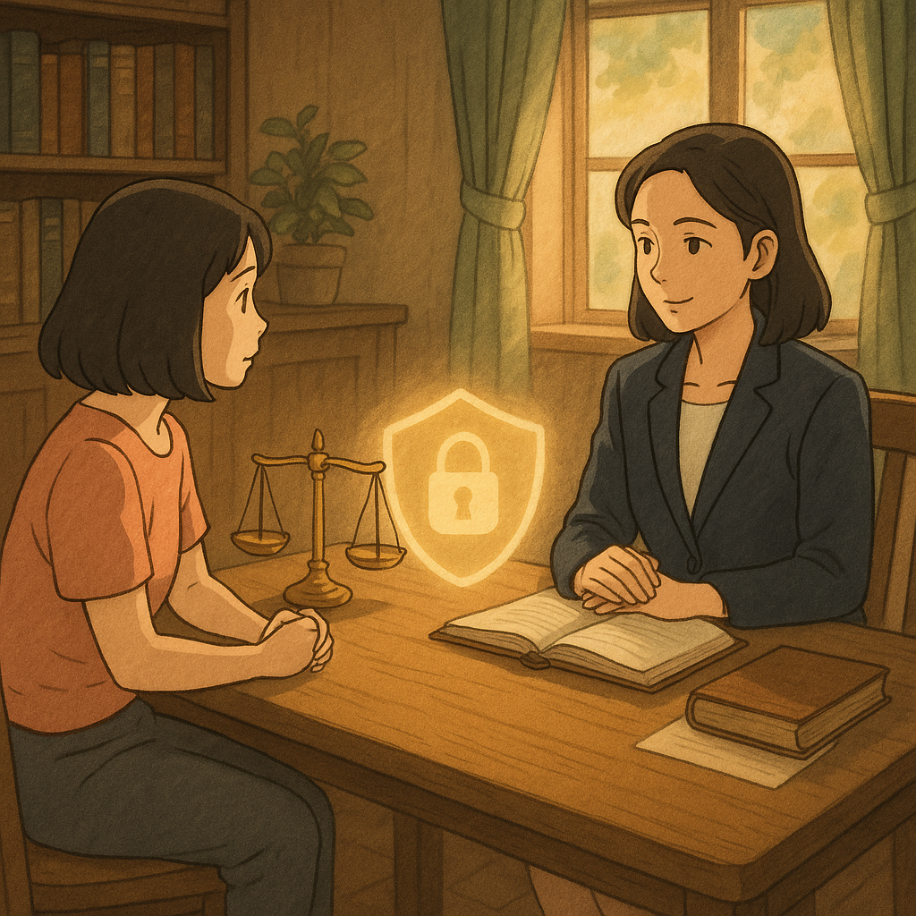 吉卜力風格室內會談:兩位台灣人(女律師與當事人)在溫暖木質空間對坐、表情溫柔專業,柔和色調、自然光灑落。桌上天秤與鎖形光影漂浮,化作保護幕,象徵妨害性自主的法律諮詢與守護,手繪質感、富故事感、無文字。