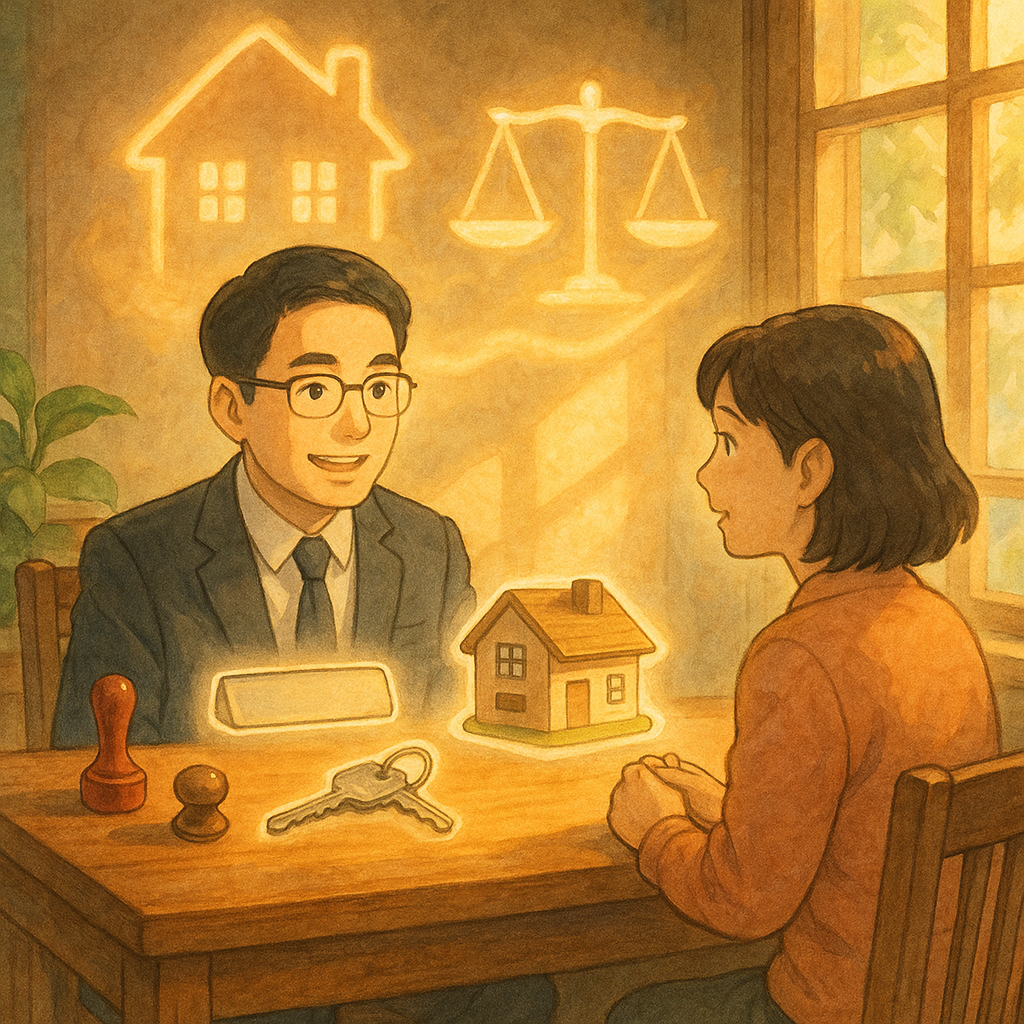 溫暖陽光灑入木質事務所，台灣律師與民眾對坐諮詢；桌上漂浮無字名牌、印章、房屋小模型與鑰匙，化作手繪柔光相連；背景天光中出現雙重影子的房子與天平，象徵借名登記的關係與FAQ解惑，吉卜力式奇幻溫暖細膩。