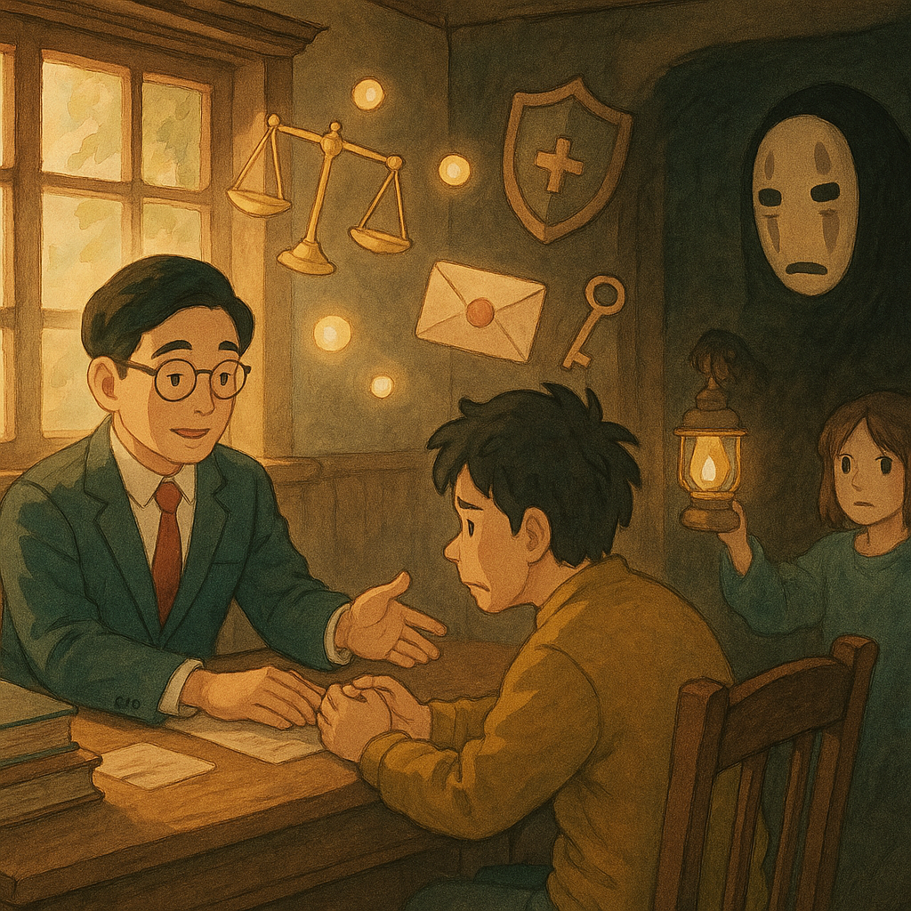 吉卜力風木質事務所內,台灣人律師安撫焦慮民眾,柔光灑入。天秤、盾牌、鎖與信封象徵漂浮,柔光小球寓意疑問;角落陰影化作無臉威嚇,被提燈光驅散,手繪奇幻感,無文字。