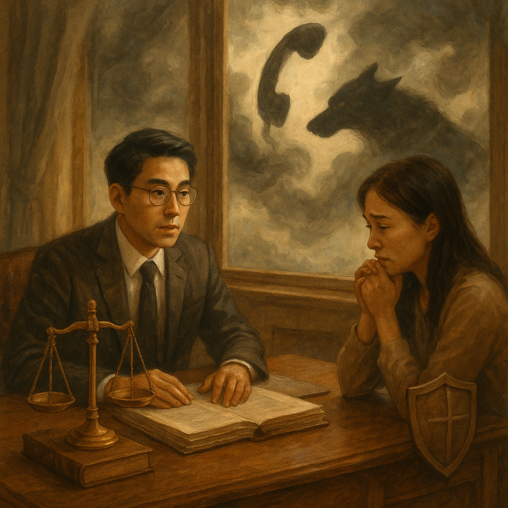 柔和自然光下的奇幻手繪場景：台灣律師在木桌前諮詢憂心當事人，桌上天秤、卷宗與盾牌象徵風險控管；窗外雲霧化作黑色電話與狼影低伏，指涉恐嚇罪威脅。整體溫暖、細膩、電影感濃厚。