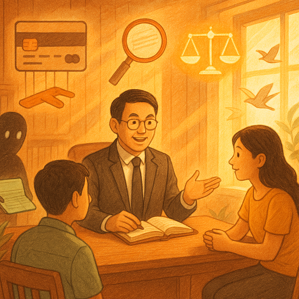 暖色手繪場景中，台灣律師與民眾在木質事務所諮詢；陽光灑落，漂浮的象徵物如銀行卡上木偶線、放大鏡照著存摺、發光天平與守護盾，角落有無臉影子遞帳戶本。自然光與微風讓紙頁化成鳥，寓意結論與實務建議。