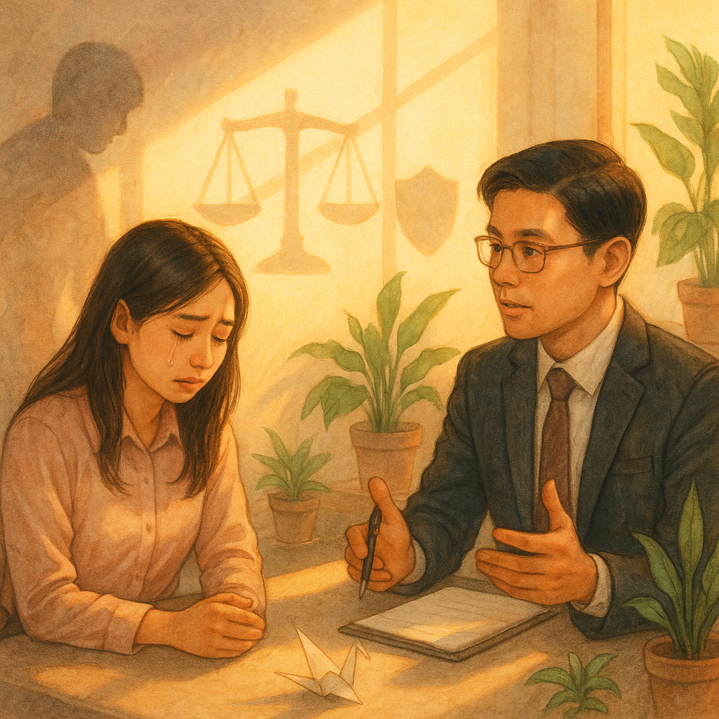 溫暖柔色的高解析度手繪場景：一位受職場霸凌的台灣女員工在陽光下與台灣男律師諮詢，天光化作天秤與盾牌光影守護，背後陰影人形漸散，室內綠植與紙鶴增添奇幻電影感，畫面無文字。