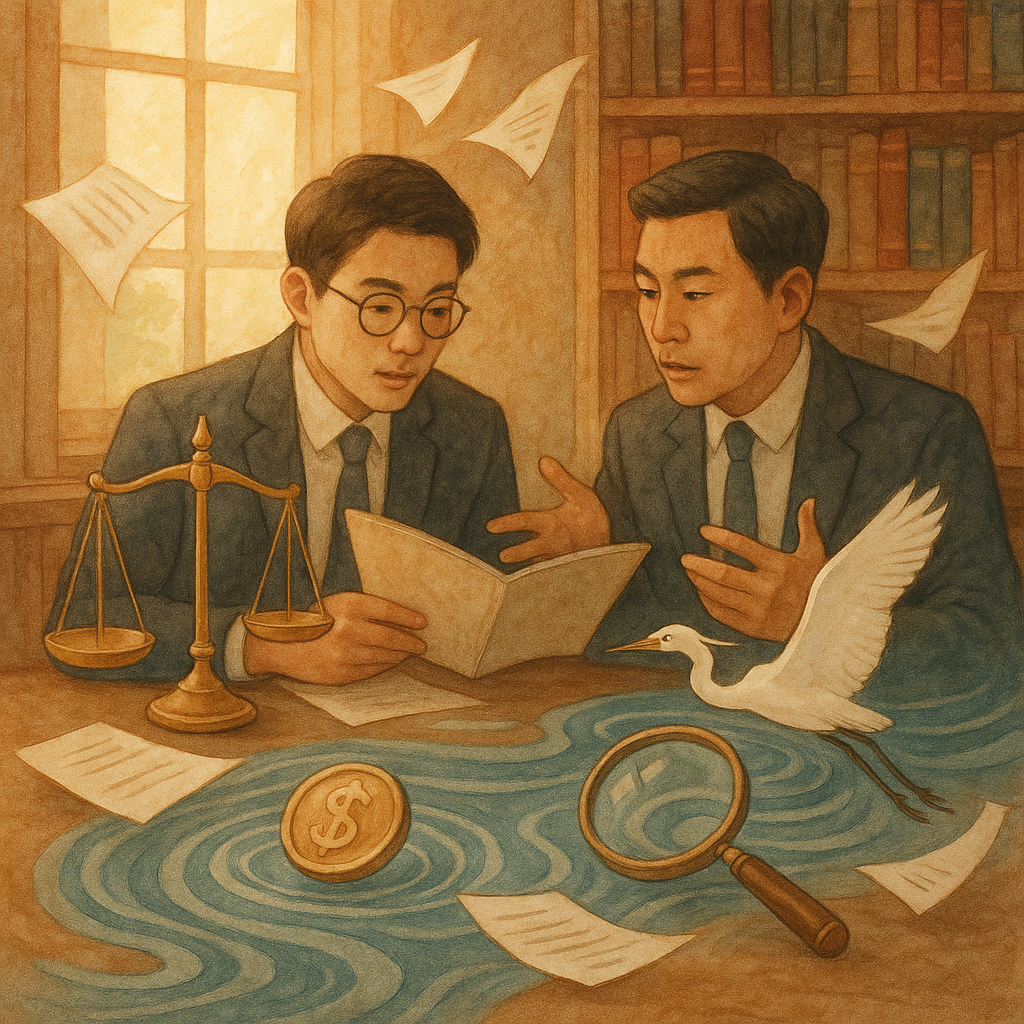 柔光下,兩位台灣律師在木質書房研議洗錢案例,天光灑落。天秤、放大鏡與漂浮硬幣化作水波與白鷺,檔案頁如風葉翻飛,象徵追查資金流;手繪質感溫暖奇幻,無文字。