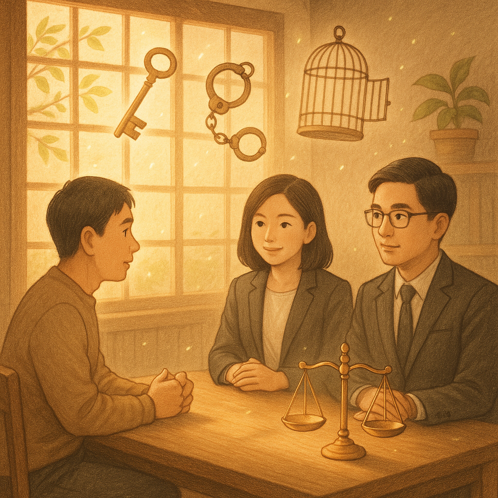 日式溫暖光線下的木質法律諮詢室，兩位台灣人律師與民眾對坐；窗邊漂浮金色鑰匙、解開的手銬與打開的鳥籠象徵妨害自由；桌上柔光正義天秤，手繪質感、微風拂動綠葉與光塵，無文字。