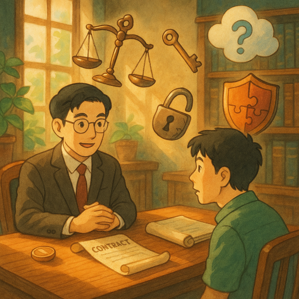 吉卜力風溫暖律師事務所內，台灣人律師與民眾對坐諮詢；陽光灑落木桌上，天平、契約卷軸、鑰匙與裂痕鎖、拼圖盾牌與硬幣在空中緩緩環繞，旁有雲朵形符號暗示常見疑問，柔和手繪質感、魔幻卻專業，畫面無文字。