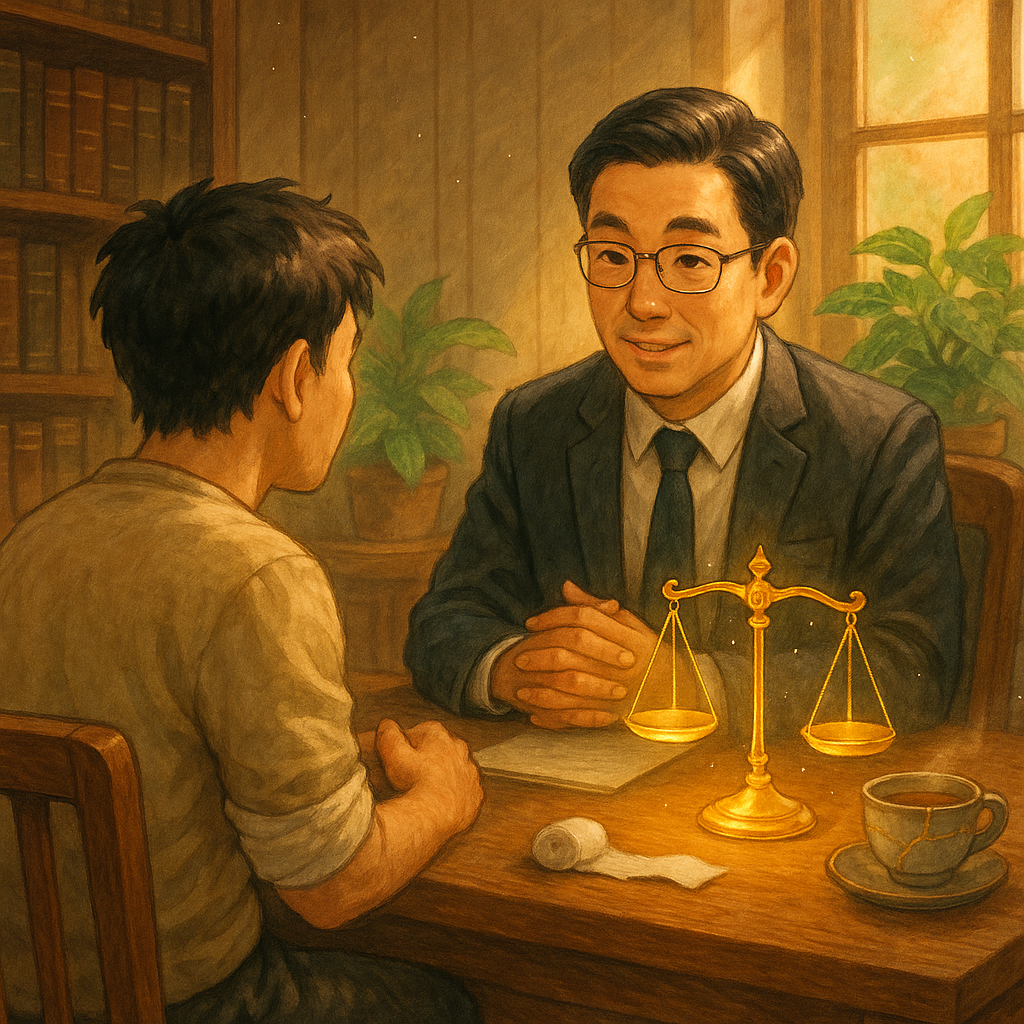 暖色自然光下的高解析手繪律師事務所,台灣人律師溫和諮詢受傷民眾,桌上漂浮發光的天秤、金繼茶杯與繃帶象徵過失傷害與修復;木質紋理與綠植、微塵與光斑營造吉卜力般魔幻寫實氛圍,無文字。