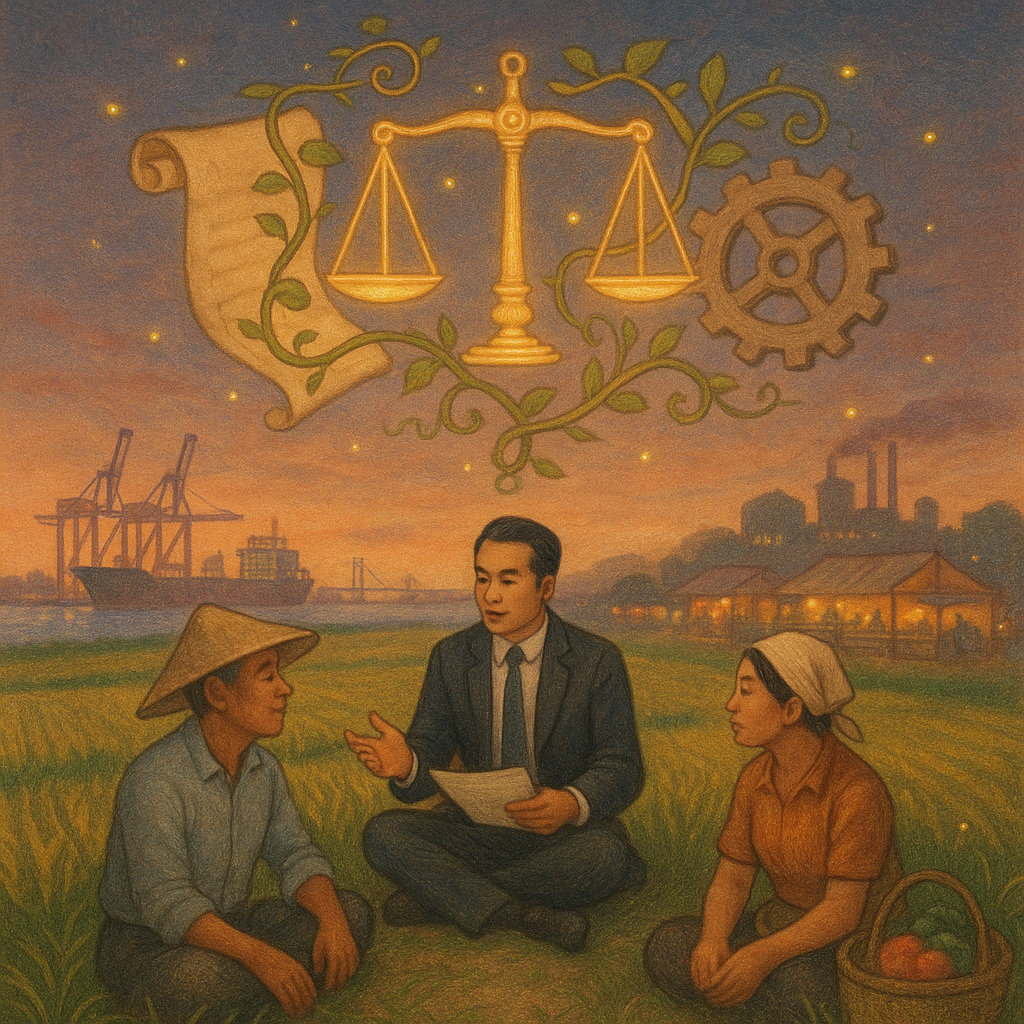 暮色下的稻田與港口相連，台灣律師與農民、商販圍坐草地諮商；發光天平與卷軸、齒輪與藤蔓交織成象徵妨害農工商的圖像，微風與螢光飄散，手繪質感、柔和自然光，溫暖奇幻。遠處工廠輪廓與市集攤位若隱若現。