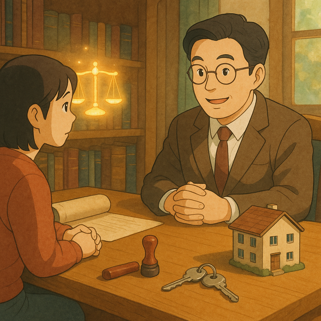 溫暖吉卜力風:台灣人律師與當事人在木質書房諮詢,桌上房屋模型、印章與兩把鑰匙交疊投影成家屋,旁有卷軸與天秤漂浮發光,象徵借名登記。自然柔光、手繪質感、無文字、高解析。