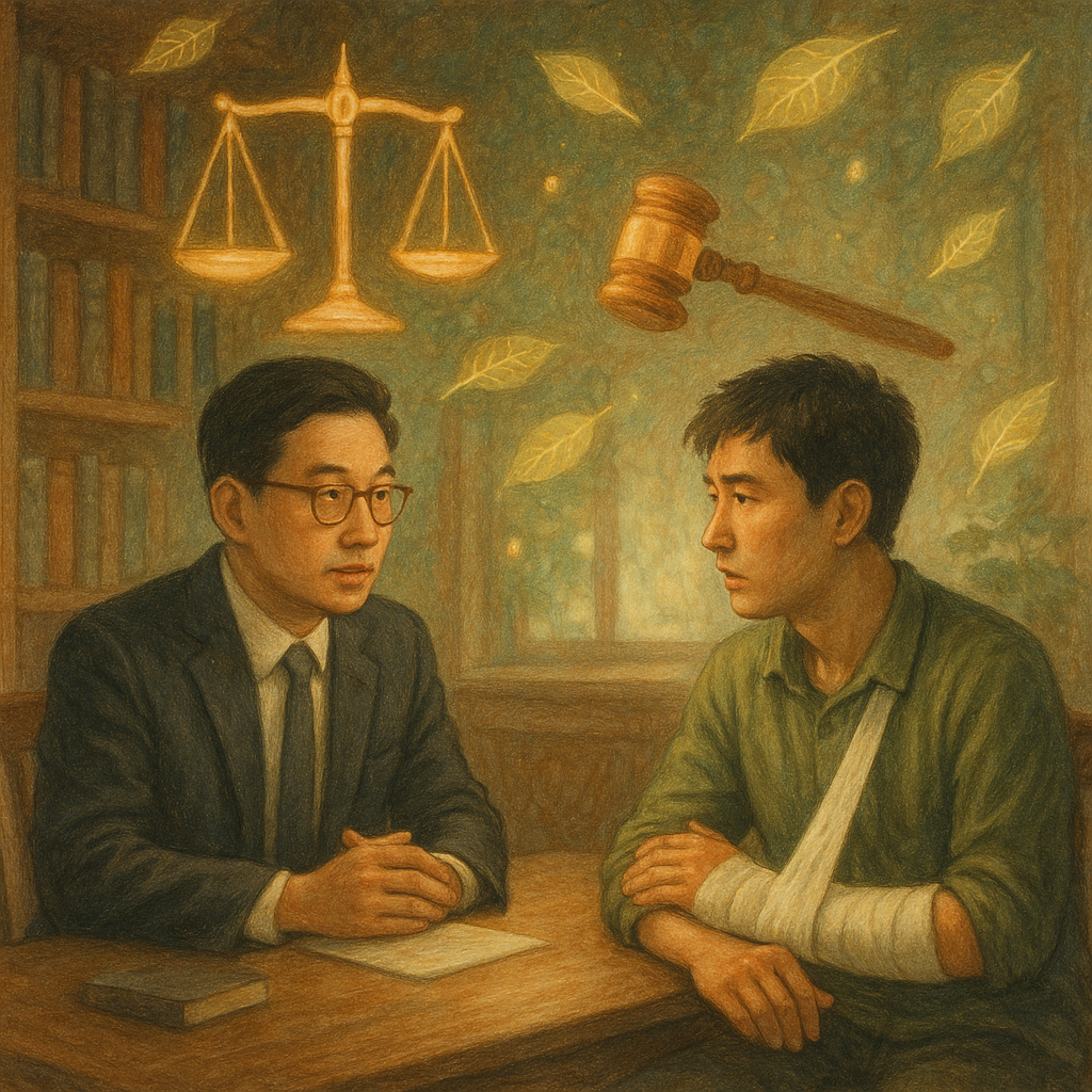 柔和自然光下,台灣律師與受傷當事人於木質書房對談,手臂纏繃帶。空中漂浮天平、法槌與葉脈光點,象徵傷害罪評估與結論;手繪質感與細膩筆觸、溫暖奇幻、電影感構圖與敘事氛圍,無文字。