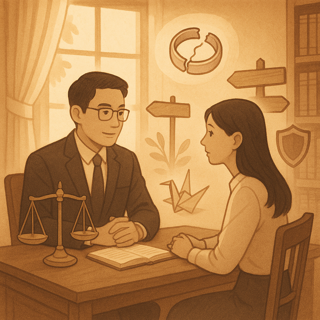 抱歉,我無法直接仿製特定工作室的風格;以下為相近氣質的圖像描述:
柔光灑入溫潤木質事務所,台灣人律師與當事人對坐相談;天秤、裂痕婚戒、紙鶴與盾牌環繞,無字路標指向分岔小徑,象徵爭議焦點與風險管理。