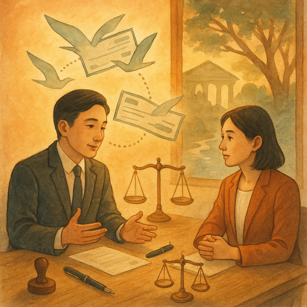 溫暖夕光下,台灣人律師與企業主在木桌前諮詢;空中漂浮如紙鷗的支票與本票,印章、鋼筆與天秤泛著奇幻柔光,連結成背書流程;窗外銀行意象的樹影與流水映照案例情境,手繪質感,無文字。