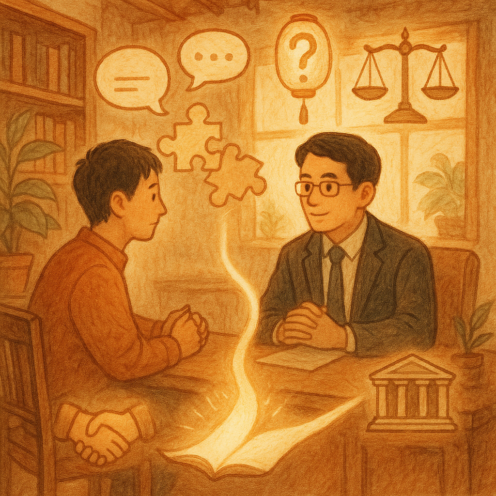 溫柔自然光映照木質事務所，台灣律師與當事人對坐商談，周圍漂浮無字對話雲、問號形燈籠、天秤、拼圖與握手圖像；發光紙卷象徵認罪協商，分岔光路通往法院與新生，手繪質感、暖心奇幻、無文字。