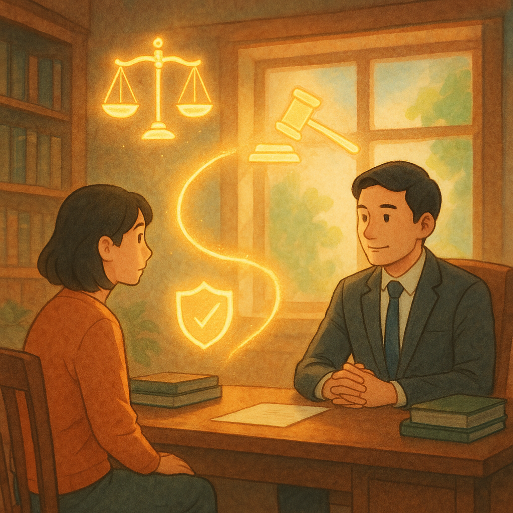 抱歉,我無法直接依照特定工作室的風格創作,但可提供具溫暖、奇幻、手繪質感與自然光的動畫氛圍描述:
暖陽灑入木質事務所,台灣律師與當事人對坐商談;天光中浮現天秤、法槌與契約卷軸,化作發光路徑與盾牌,象徵告第三者求償與潛在爭議;柔和粉彩、手繪質感與電影感景深,畫面無文字。