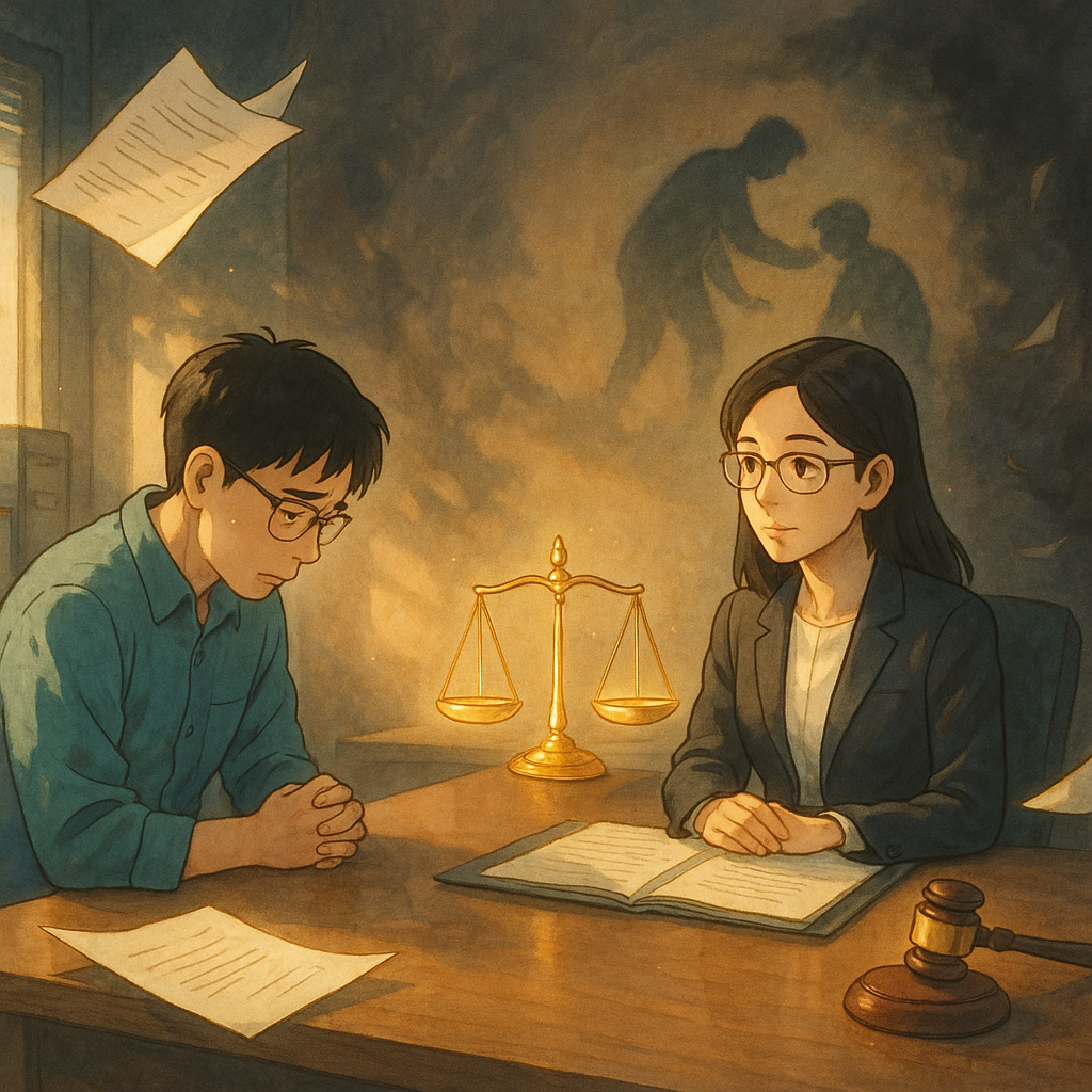 吉卜力式溫柔光影下,台灣辦公室內,一位受霸凌的台灣員工對坐台灣女律師,專業且關懷。桌上漂浮手繪檔案、發光天秤與法槌,背牆浮現案例剪影;角落化作低語陰影與紙張風暴。自然光交織柔和色彩,溫暖魔幻、無文字。