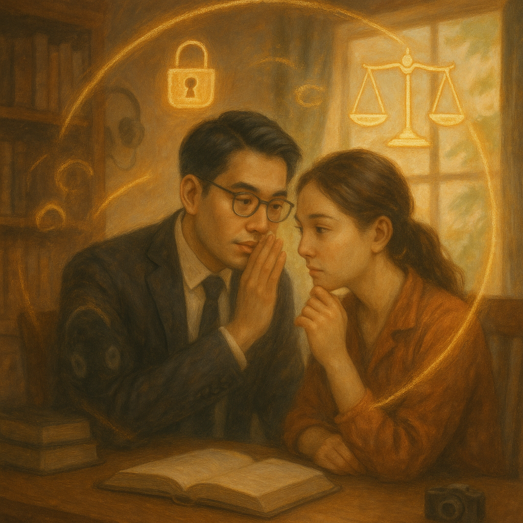 柔光手繪場景中,台灣律師與當事人在木質書房悄語,周圍漂浮鎖與天秤等符號。窗外微風拂動,暗影中的耳機與小相機若隱若現,象徵妨害秘密;金色光暈形成保護結界,人物表情細膩,氛圍溫暖而帶奇幻感。