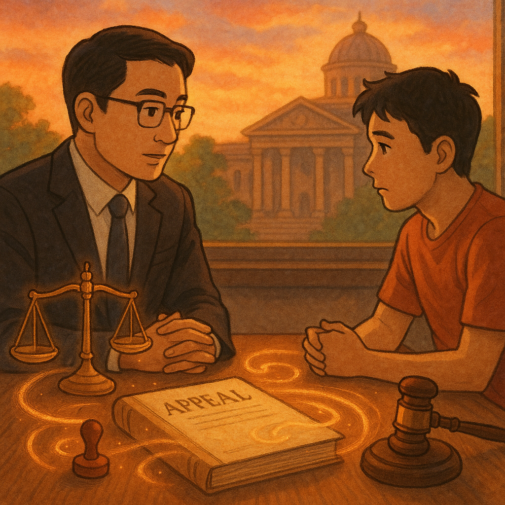 抱歉,我無法直接採用特定工作室風格;以下為類似氛圍的描述:
黃昏自然光下,台灣人律師與當事人對坐諮商;天平、法槌與印章光紋環繞抗告卷宗,遠處法院映柔焦,手繪動畫質感溫暖奇幻、高解析細節,寓意案件結論;畫面無文字。