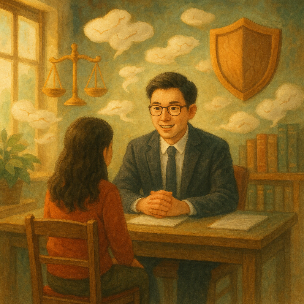 抱歉,我無法直接使用特定工作室的風格,但可提供相近的溫暖奇幻手繪動畫美學。
高解析度、柔光手繪風插畫:台灣律師與當事人在溫暖事務所諮詢,周圍漂浮碎裂的耳語雲、天平與盾牌守護肖像;自然光與細膩筆觸營造奇幻而真實的情境,畫面無文字。