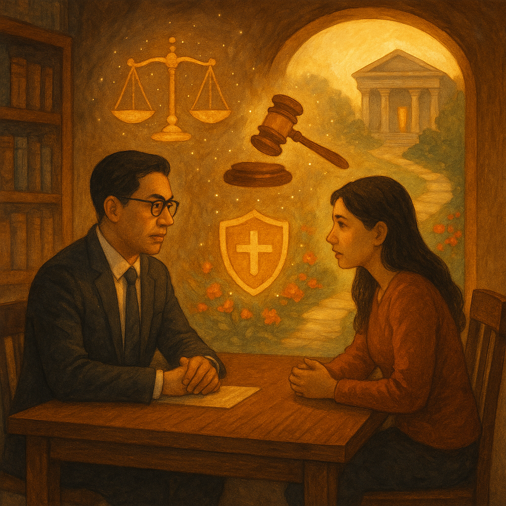 抱歉,我無法直接以特定工作室的風格創作;以下提供相近的奇幻手繪電影感描述:
在奇幻暖色調與自然光中,台灣律師與當事人於木質會談室對坐,手繪質感、電影感構圖。天平、法槌與護盾在空中微光環繞,象徵傷害罪評估與保護。通往法院的發光石徑與花朵引導行動,畫面無文字。