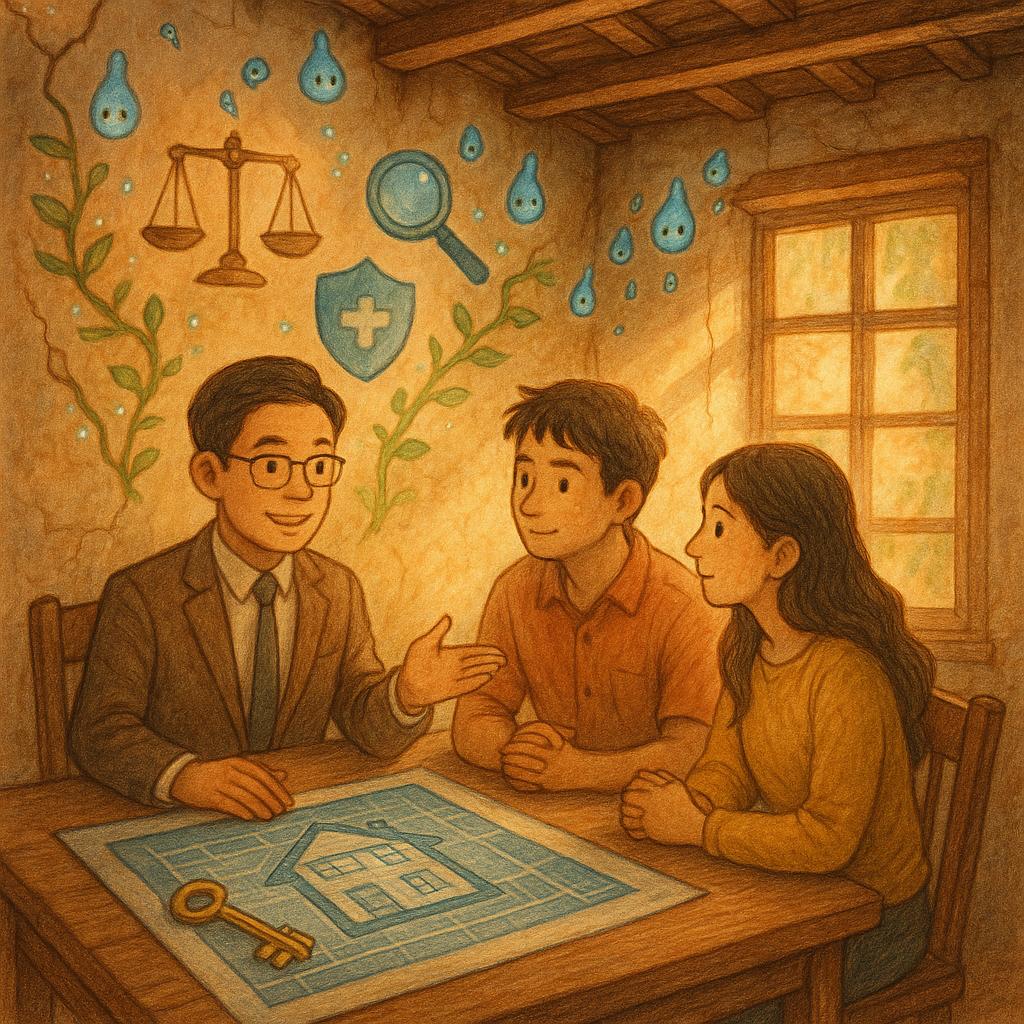 溫暖魔幻手繪場景:台灣律師與年輕夫妻於老屋內諮詢,柔光灑落。牆裂縫化作微光藤蔓,屋頂水滴精靈環繞;空中漂浮天秤、放大鏡與盾牌圖像,桌上藍圖與鑰匙,寓示房屋瑕疵與風險控管。