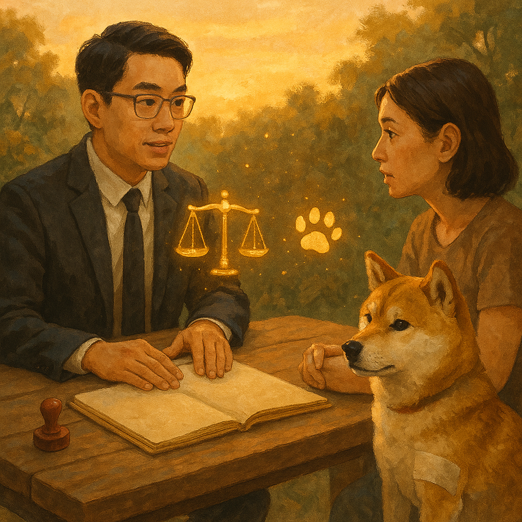 夕陽柔光中，台灣人律師與飼主在木桌諮詢，旁有貼紗布的柴犬；桌上無字卷宗與印章，漂浮的天秤與爪印成金色光點，手繪質感、自然景深，高解析細節豐富。