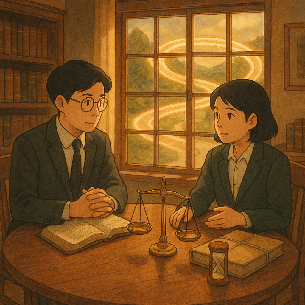 暖色自然光下，吉卜力風格的木質法律事務所，兩位台灣律師在圓桌討論，桌面有天秤、沙漏與卷宗；窗外流動的光帶形成迴圈小徑，象徵再審與風險控管，手繪質感細膩、無文字。