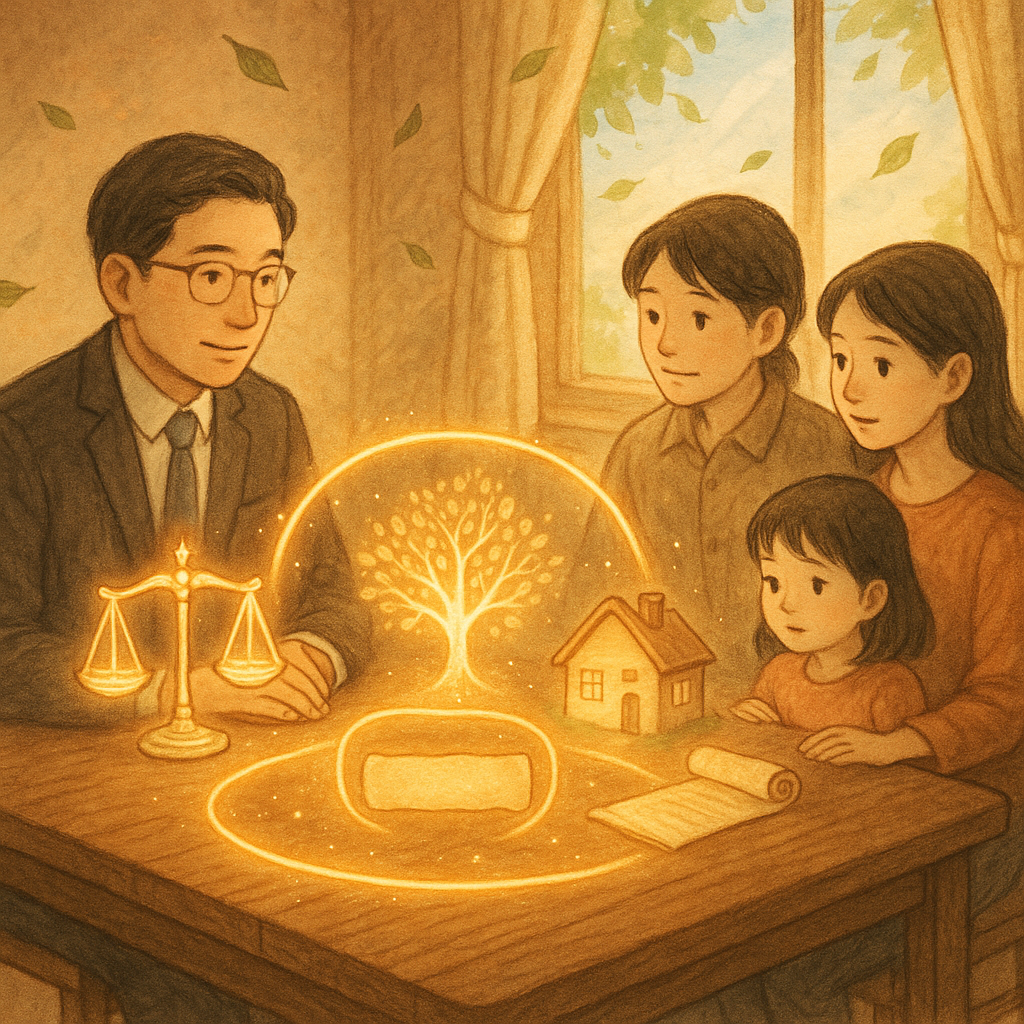 柔光下,台灣律師與一家三口在木桌前諮詢,手繪質感溫暖。桌上漂浮發光的天秤、家譜樹、房屋與卷軸,金色圓環護住一塊分額,暗示特留分。窗外微風與飄葉營造吉卜力般奇幻、細膩又電影感的氛圍,畫面無文字。